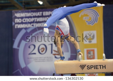 MOSCOW, RUSSIA - APRIL 20: Daniel Keatings, Great Britain performs exercise on pommel horse in final of 5th European Championships in Artistic Gymnastics in Moscow, Russia on April 20, 2013