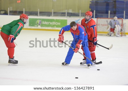 NOVOGORSK, RUSSIA - APRIL 12: Players of men\'s national junior ice hokey team during open training in Novogorsk training center, Moscow region, Russia on April 12, 2013