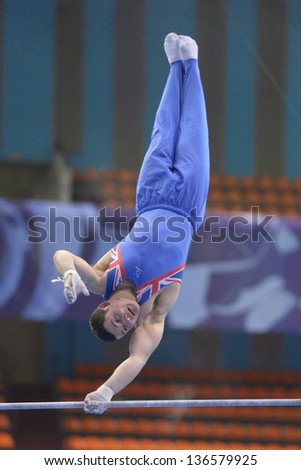 MOSCOW, RUSSIA - APRIL 21: Ashley Watson, Great Britain performs exercise on high bar in final of 5th European Championships in Artistic Gymnastics in Moscow, Russia on April 21, 2013