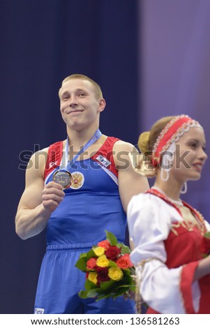 MOSCOW, RUSSIA - APRIL 21: Denis Ablyazin, Russia win gold in vault on 5th European Championships in Artistic Gymnastics in Moscow, Russia on April 21, 2013
