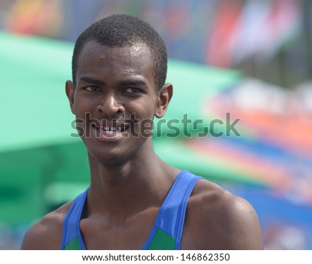 DONETSK, UKRAINE - JULY 14: Silver medalist in 200 metres Vitor Hugo dos Santos of Brazil during 8th IAAF World Youth Championships in Donetsk, Ukraine on July 14, 2013