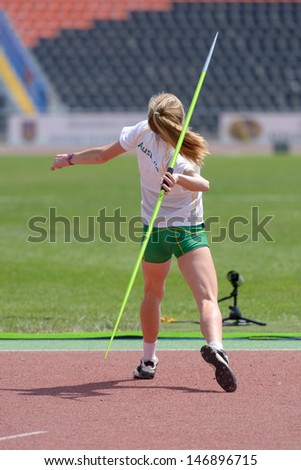 DONETSK, UKRAINE - JULY 13: Alysha Burnett of Australia competes in the javelin throw in Heptathlon girls during 8th IAAF World Youth Championships in Donetsk, Ukraine on July 13, 2013