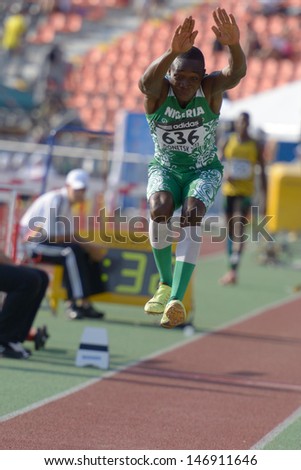 DONETSK, UKRAINE - JULY 12: Uruemu Theophilus Ejovi of Nigeria competes in the triple jump during 8th IAAF World Youth Championships in Donetsk, Ukraine on July 12, 2013