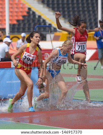 DONETSK, UKRAINE - JULY 12: Bote, Spain (left), Reina, Italy (center), Bouzayani, Tunisia compete in 2000 m steeplechase during 8th IAAF World Youth Championships in Donetsk, Ukraine on July 12, 2013