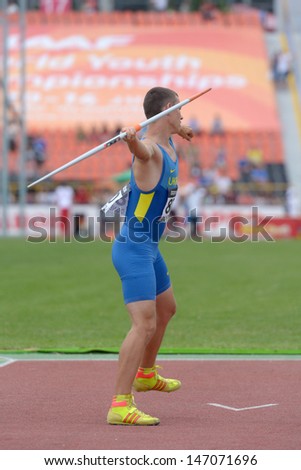 DONETSK, UKRAINE - JULY 11: Maksym Klivtsur of Ukraine competes in javelin throw in Octathlon during 8th IAAF World Youth Championships in Donetsk, Ukraine on July 11, 2013
