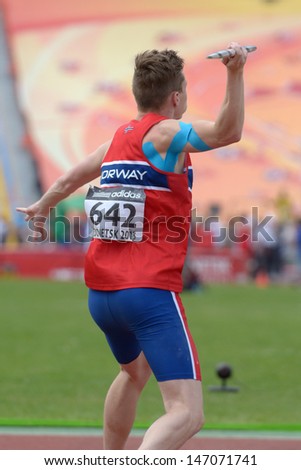 DONETSK, UKRAINE - JULY 11: Karsten Warholm of Norway competes in javelin throw in Octathlon during 8th IAAF World Youth Championships in Donetsk, Ukraine on July 11, 2013