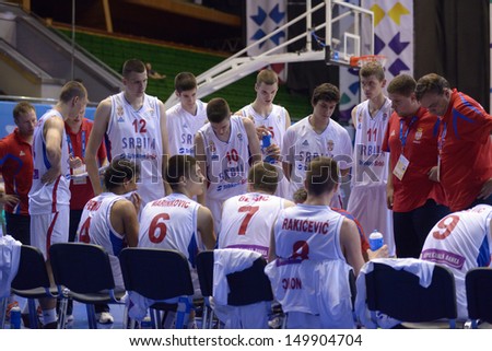 KIEV, UKRAINE - AUGUST 8: Team Serbia during the break in U16 Eurobasket  2013 First round match between France and Serbia at Palace of Sport in Kiev, Ukraine on August 8, 2013