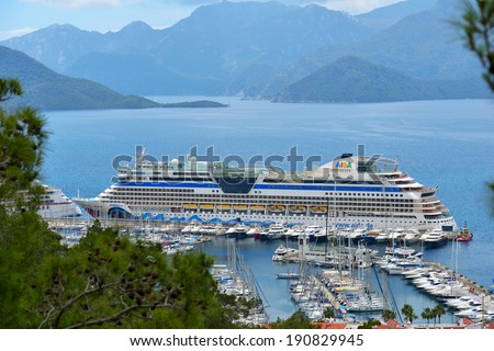 MARMARIS, TURKEY - MAY 1, 2014: Cruise ship AIDAdiva in the port of Marmaris. AIDA ships cater to the German-speaking market, and has 94% average guests satisfaction rate