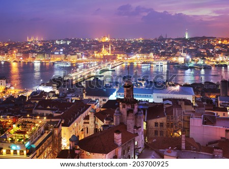 ISTANBUL, TURKEY - MARCH 12, 2014: Night view to Golden Horn bay and Galata bridge. Built in 1992, the bridge is now a place where the locals gather to fish, eat, drink, smoke and shop