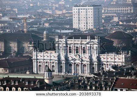TURIN, ITALY - JANUARY 11, 2013: View to Palazzo Carignano from the Mole Antonelliana. Built in XVII century for Prince of Carignano, now it houses Museum of the Risorgimento