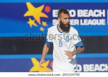 MOSCOW, RUSSIA - JULY 13, 2014: Konstantinos Papastathopoulos of Greece in the match with Belarus during Moscow stage of Euro Beach Soccer League. Belarus won 6-5