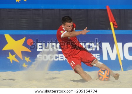 MOSCOW, RUSSIA - JULY 13, 2014: Aliaksandr Karpau of Belarus in the match with Greece during Moscow stage of Euro Beach Soccer League. Belarus won 6-5