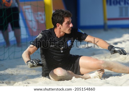 MOSCOW, RUSSIA - JULY 13, 2014: Goalkeeper Dimitrios Nikolau of Greece in the match with Belarus during Moscow stage of Euro Beach Soccer League. Belarus won 6-5