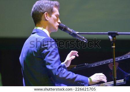 NOVOSIBIRSK, RUSSIA - OCTOBER 23, 2014: English jazz singer Anthony Strong at the piano during Sib Jazz Fest. The festival took place on October 23-25