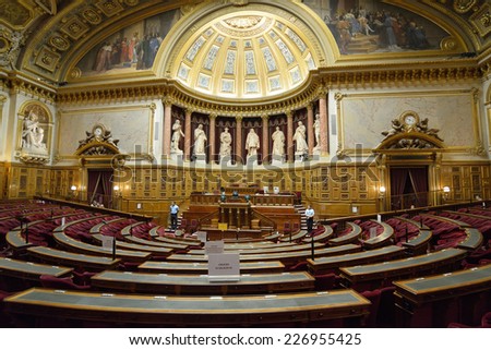 PARIS, FRANCE - SEPTEMBER 14, 2013: Meeting hall of Senate in the Luxembourg Palace. The palace was originally built in XVII century, and since 1958 it houses the French Senate of the Fifth Republic