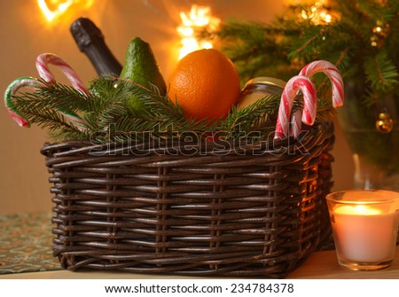 Christmas basket and candle closeup