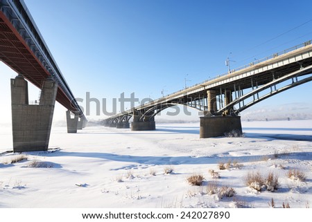 Metro bridge and Communal bridge across Ob river in Novosibirsk, Russia