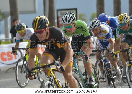 MARMARIS, TURKEY - APRIL 30, 2014: Riders on the finish of 4th stage of 50th Presidential Cycling Tour of Turkey. It is the only intercontinental cycling stage race from Europe to Asia