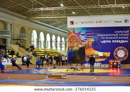 ST. PETERSBURG, RUSSIA - MAY 6, 2015: International freestyle wrestling tournament Victory Day in Mikhailovsky manege.This traditional competitions dedicated to the Victory in Great Patriotic War