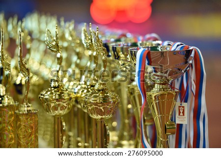 ST. PETERSBURG, RUSSIA - MAY 6, 2015: Awards of the International freestyle wrestling tournament Victory Day. This traditional competitions dedicated to the Victory in Great Patriotic War