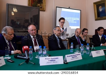 ST. PETERSBURG, RUSSIA - JUNE 22, 2015: Press-conference during the Saint Petersburg scientific forum \