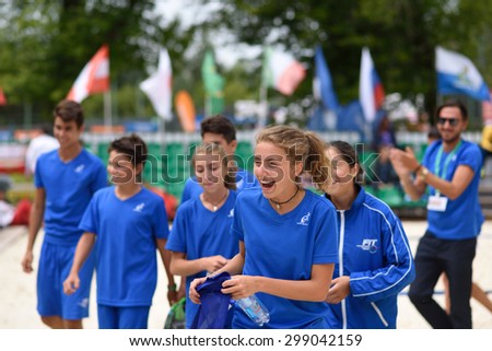 MOSCOW, RUSSIA - JULY 19, 2015: Junior team Italy after the final match of the ITF Beach Tennis World Team Championship. Italy become world champion in this first Junior Championship