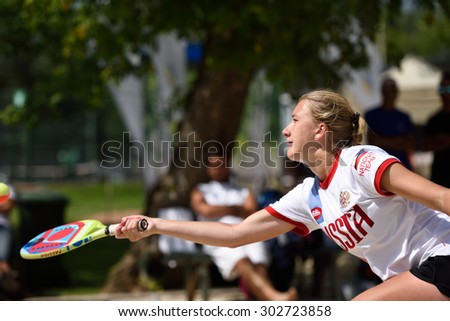MOSCOW, RUSSIA - JULY 16, 2015: Irina Glimakova of Russia in the match of the ITF Beach Tennis World Team Championship against Greece. Russia won 3-0