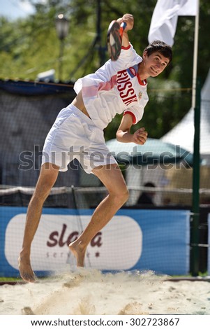 MOSCOW, RUSSIA - JULY 16, 2015: Nikita Burmakin of Russia in the match of the ITF Beach Tennis World Team Championship against Greece. Russia won 3-0