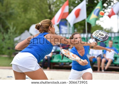 MOSCOW, RUSSIA - JULY 16, 2015: Evangelia Tsavou (left) and Eleni Eirini Papavasileiou of Greece in the match of the ITF Beach Tennis World Team Championship against Russia. Russia won 3-0