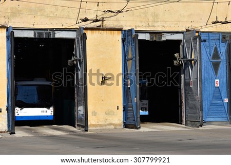 ST. PETERSBURG, RUSSIA - AUGUST 17, 2015: Trolley bus depot during the demonstration of the new cashless ticketing system supported MasterCard PayPass technology