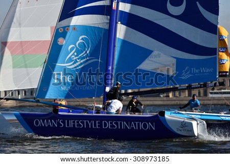 ST. PETERSBURG, RUSSIA - AUGUST 20, 2015: Catamaran of The Wave, Muscat sailing team of Oman during the 1st day of St. Petersburg stage of Extreme Sailing Series. Red Bull Sailing Team won the day