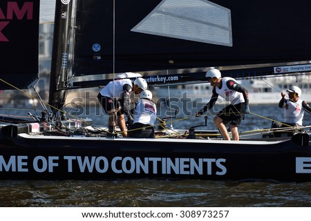 ST. PETERSBURG, RUSSIA - AUGUST 20, 2015: Catamaran of Team Turx of Turkey during the 1st day of St. Petersburg stage of Extreme Sailing Series. Red Bull Sailing Team of Austria won the day