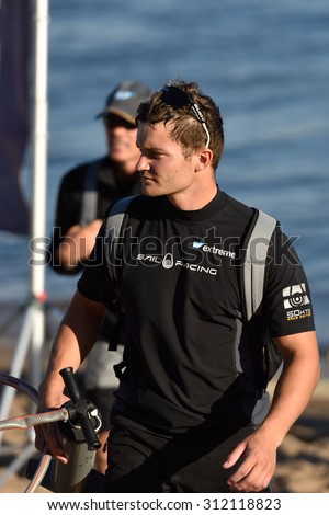 ST. PETERSBURG, RUSSIA - AUGUST 21, 2015: Mainsail trim Mads Emil Stephensen from the SAP Extreme Sailing Team of Denmark after the 2nd day of St. Petersburg stage of Extreme Sailing Series