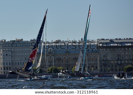 ST. PETERSBURG, RUSSIA - AUGUST 20, 2015: Extreme 40 catamarans during the 1st day of St. Petersburg stage of Extreme Sailing Series. Red Bull Sailing Team of Austria won the day with 58 points