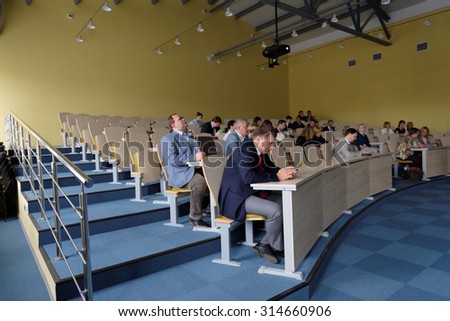 ST. PETERSBURG, RUSSIA - SEPTEMBER 3, 2015: People in the auditorium of the new academic building of the local campus of Higher School of Economics. St. Petersburg campus of HSE was founded in 1998