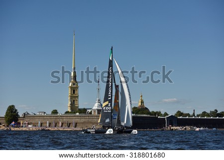 ST. PETERSBURG, RUSSIA - AUGUST 20, 2015: Lino Sonego Team Italia of Italy during 1st day of St. Petersburg stage of Extreme Sailing Series. Red Bull Sailing Team of Austria won the day with 58 points
