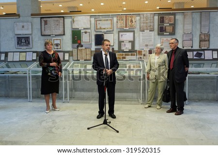 ST. PETERSBURG, RUSSIA - SEPTEMBER 18, 2015: General director of National Library Anton Likhomanov delivers opening remarks on exhibition \