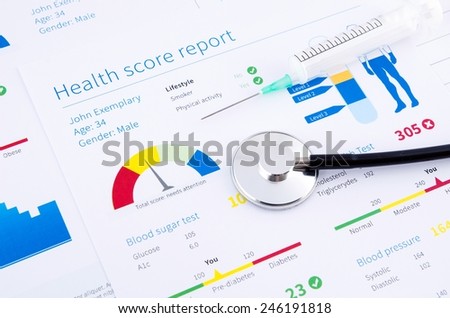 Health condition score report. Stethoscope on medical background.