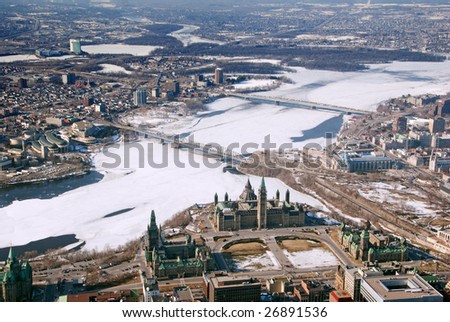 aerial view of parliament hill in Ottawa and the city of Gatineau Quebec across the Ottawa River