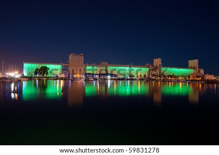 QUEBEC CITY - AUGUST 24:  mill silos in Quebec\'s old port lit by low energy LEDs on August 24, 2010 in Quebec City for the production \