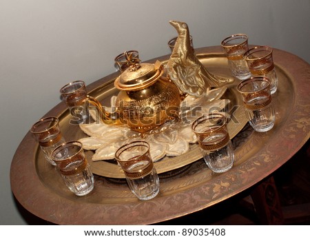 tilted view of traditional moroccan tea service