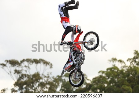 Gold Coast, Australia - September 19, 2014: Motorcycle Making Jump in Air at Movieworld near Southport on Australia\'s Sunshine Coast
