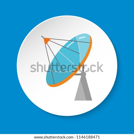 Parabolic antenna icon in flat style on round button. Satellite dish symbol isolated on white background