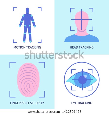 Virtual reality icon set in flat style. Modern technology symbols collection including movement tracking, fingerprint security, head and eye tracking. Vector illustration.