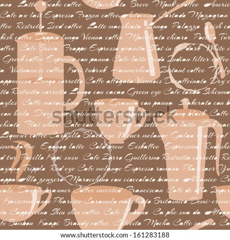 Seamless pattern with coffee types text and coffee items. Raster version.