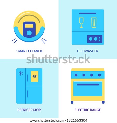 Housework automation icon set in flat style. Smart vacuum cleaner, electric range, dishwasher and refrigerator symbols. Vector illustration.