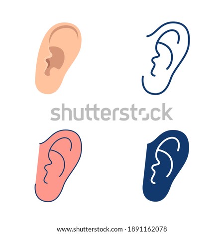 Ear icon set in flat and line style. Human body part symbol. Vector illustration.