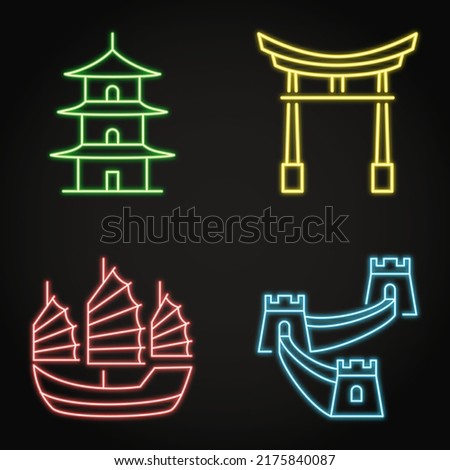 Chinese traditional symbols neon icon set. Great wall of China, pagoda, arch and junk boat. Vector illustration.