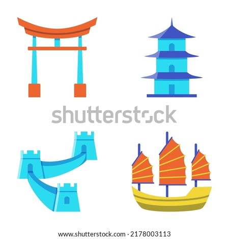 Chinese traditional symbols icon set in flat style. Great wall of China, pagoda, arch and junk boat. Vector illustration.