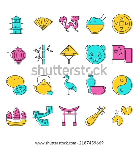 China icon set in colored line style. Chinese traditional symbols. Vector illustration.